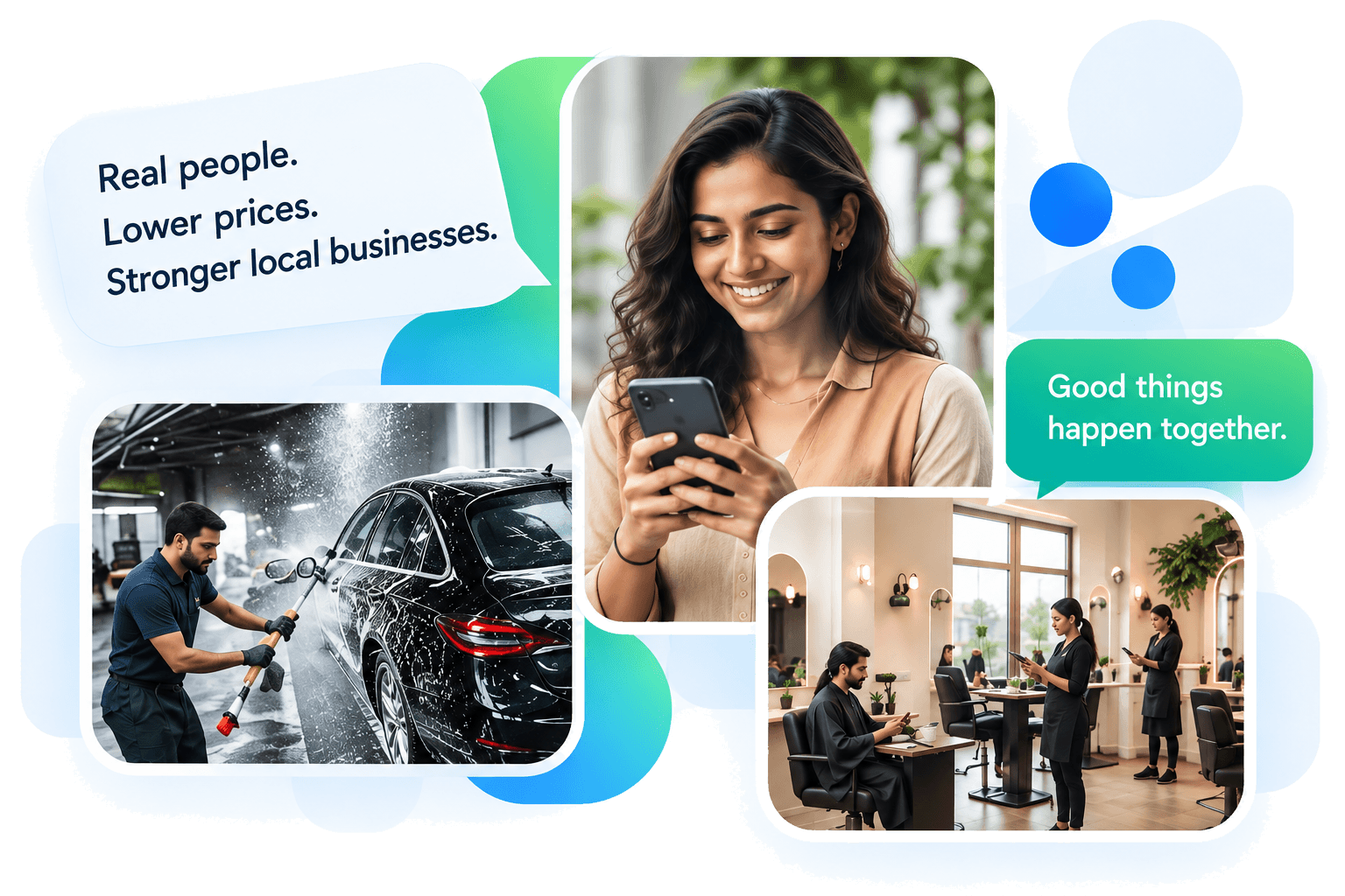 DAYHACK in Hyderabad. A customer joining on her phone, a car wash filling, and a salon taking seats.